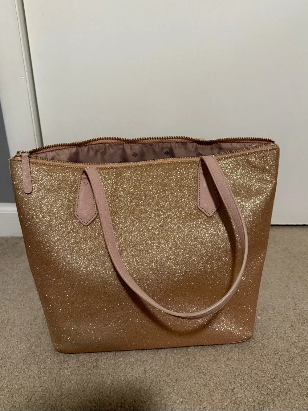 kate spade Rose Gold Glitter Tote with Pink Straps